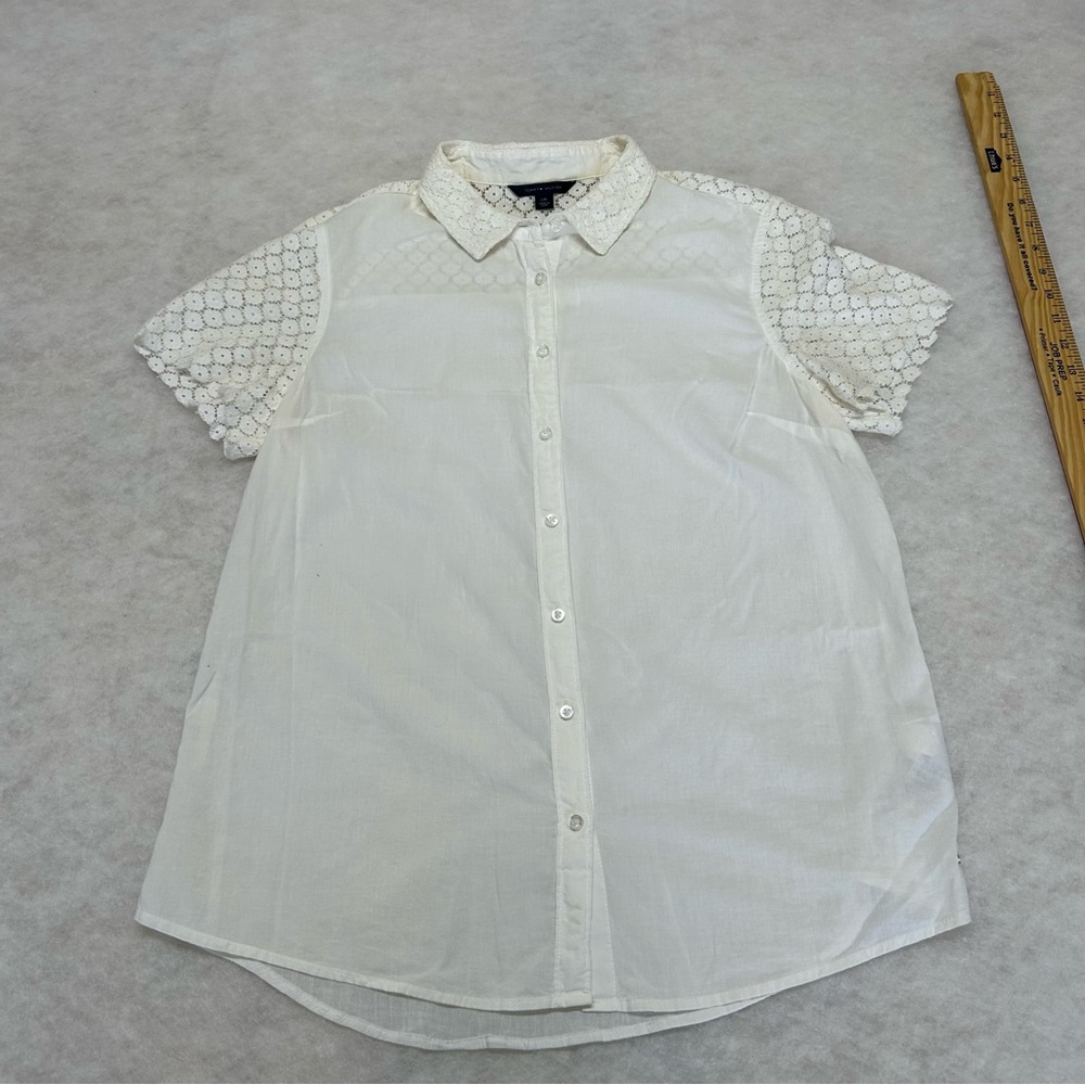 Tommy Hilfiger Womens White Sheer Eyelet Sleeve Button Down Shirt Top Large